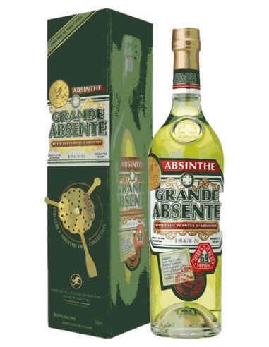 Absinthe Grande Liqueur aux plantes d’Absinthe avec boîte et cuillère à absente 70 cl.