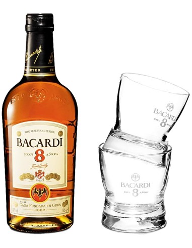 Rum Bacardi Reserva 8 ans avec 2 verres 70 cl.