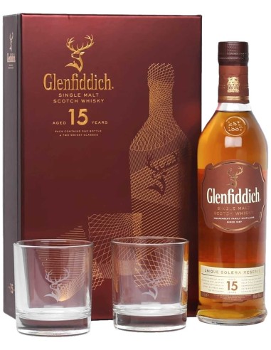 Single Malt Scotch Whisky Glenfiddich Solera Cask 15 ans avec 2 verres 70 cl.
