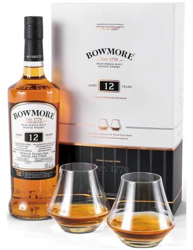 Single Malt Scotch Whisky Bowmore 12 ans avec 2 verres 70 cl.
